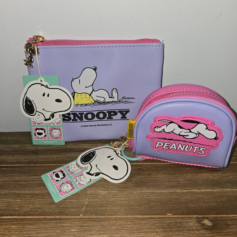 NEW Peanuts Snoopy 2pc Pouch Set Lavender Pink Zipper Bags Woodstock Pulls NWT